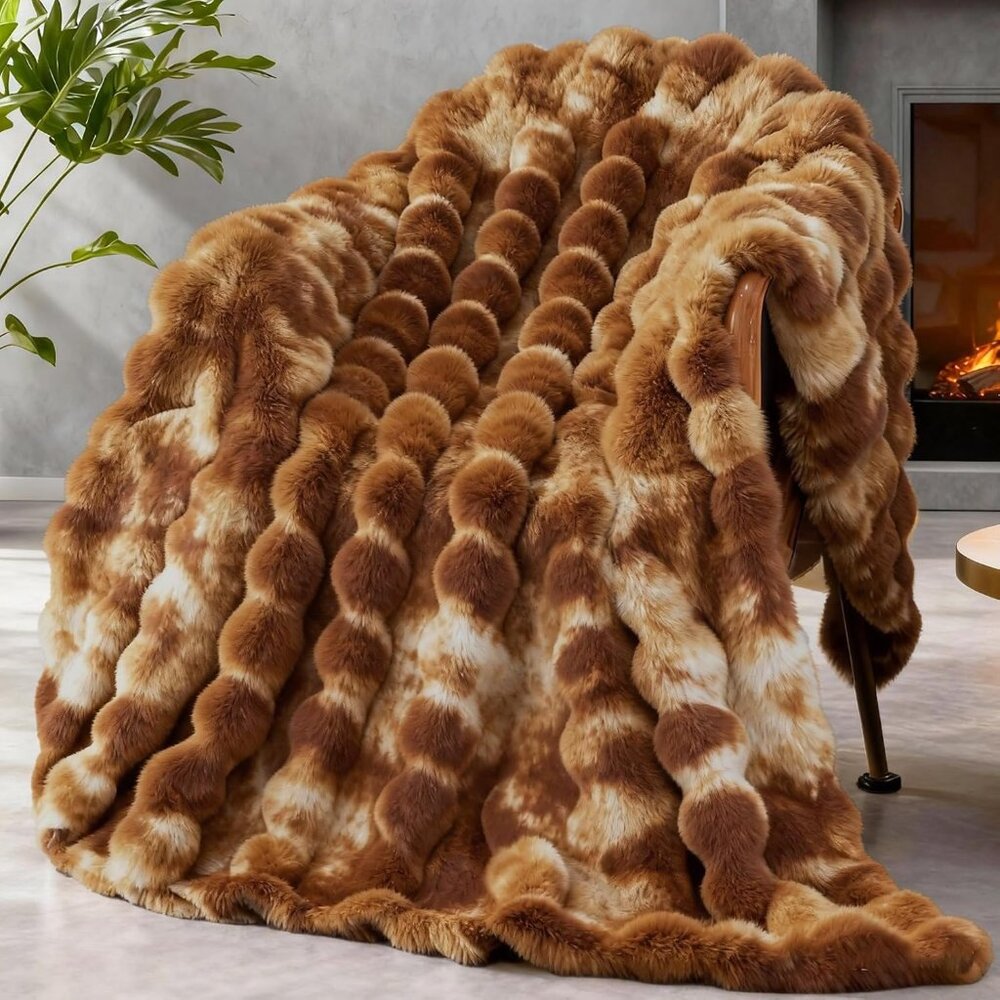 Faux Fur Throw Blanket for Couch, 1000 GSM Cozy Fuzzy Fluffy Soft Plush Thick Bu
